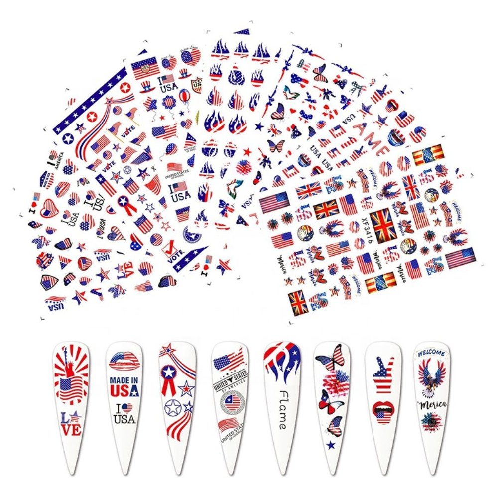 American Flag Star Heart LOVE USA 4th of July Butterfly Number 3D Nail Sticker